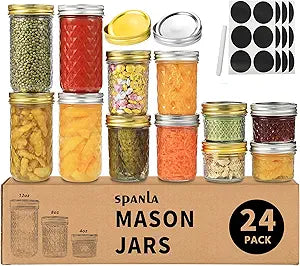 SPANLA Mason Jars, 24 Pack Canning Jars With Regular Lids, Ideal for Jam, Jelly, Honey, Wedding Favors, Shower Favors, DIY Glass Spice Jars - 4 OZ x 8, 8 OZ x 8, 12 OZ x 8 (4oz -8oz-12oz)