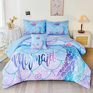 RYNGHIPY 6Pcs Teal Purple Mermaid Tail Comforter Set Twin for Kids Girls