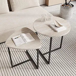 HOJINLINERO Round Coffee Table Set of 2 End Tables for Living Room,Black Small Coffee Table Living Room Table,Metal Frame & Wood Look,Sturdy and Easy Assembly,Stacking Side Tables Bedroom,White