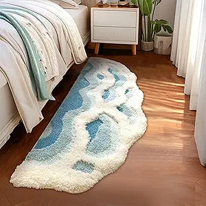 2x6 feet Shag 3D Stereo Wave Moss Bedside Rug 23"72" Cute Navy Blue Runner Rug Non Slip Washable Bathroom Rugs Bath Mats for Bedroom Bathroom Hallway Home Decor Indoor Doormat Shower Mat