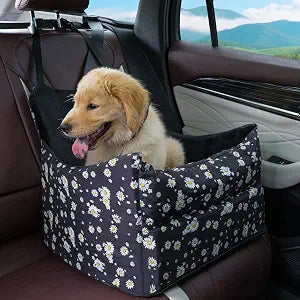 Dog Back Car Seat for Small/Medium Dogs  Elevated Booster Seat with Detachable, Washable Cover, Safety Belts, and Storage Pockets Car Back Seat (Black Daisy)