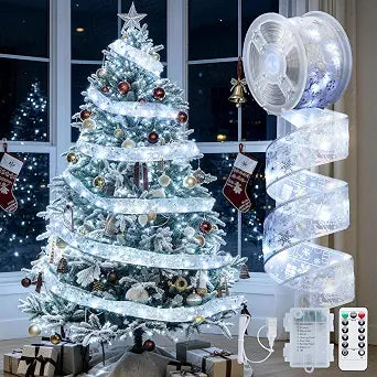 JMEXSUSS 66Ft 200 LED 2.5Inch Christmas Tree Ribbon Lights Christmas Decor