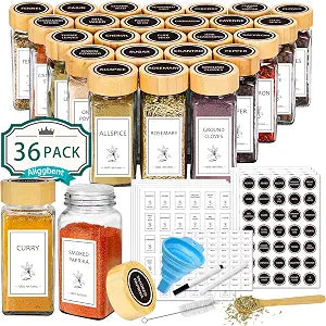 Aliggbent Spice Jars with Labels 36 Pcs 4 oz Glass Bamboo Lids Shaker Set