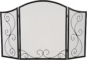 Plow & Hearth Metal Fireplace Screen 3 Panel Scroll Black | 50" W x 30" H | Flat Spark Guard Cover | Stand Alone Wrought Iron Panel Fire Place Cover