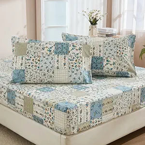 Floral Sheet Set Twin Size Vintage Floral Sheets 100% Cotton Cooling Percale 3-Pieces Blue Patchwork Sheet Set Breathable & Durable Fitted Sheet Set