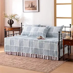 SLEEP ZONE 5 Pcs Daybed Cover Set Art Plaid Quilting Cozy All Season Soft Daybed Comforter Bedding Set with Bedskirt, Matching Sham, 75"  39", Gray Blue
