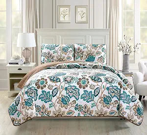 Mk Collection 3pc Bedspread Coverlet Quilted Floral Off White Green Brown King/California King Over Size 118" x 95" #Venice New