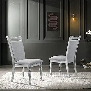 Roundhill Furniture Salines Upholstered Turned Leg Dining Chairs, Set of 2, Rustic White