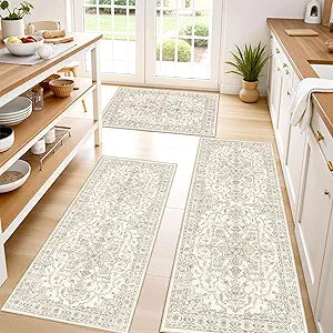 Tritard 100% Non Slip Kitchen Rugs Sets of 3 Washable Kitchen Rug Boho Kitchen Mats for Floor Soft Kitchen Runner Rug Non Skid Kitchen Floor Carpet for Entryway Hallway Laundry Room, Beige White