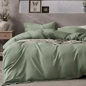 JELLYMONI Cotton Duvet Cover Queen Size - Sage Green Comforter Cover with Button 100% Washed Cotton 3PCS Breathable Soft Solid Bedding Set Duvet Cover 9090in & 2 Pillowcases (NO Comforter)