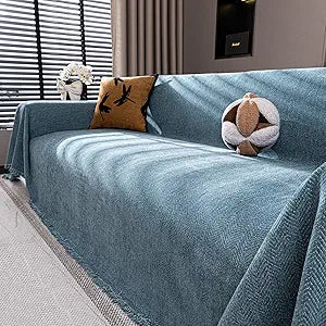 Chenille Couch Cover for Sofa Non Slip Cover Washable Pet Scratch Couch Covers Tassel Sofa Slipcover for 3 Cushion Couch Furniture Protector Blanket for Living Room,Stone Blue 91"x134"