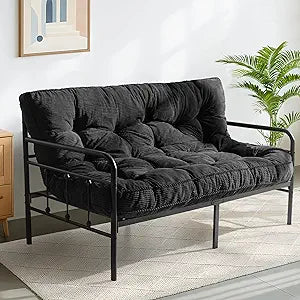 MAXYOYO 6" Futon Mattress Full Size, Tufted Futons Sofa Couch Bed with Twisted Rope Design Edging, Thick Corded Fabric Floor Mattress for Adults, Shredded Foam Filling (Frame Not Included), Black