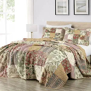 Chezmoi Collection Delaney 3-Piece Floral Patchwork Pre-Washed 100% Cotton Quilt Set, Oversized King