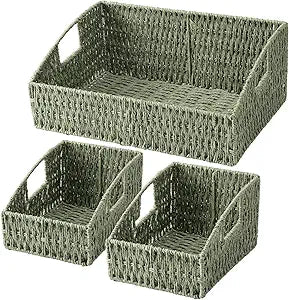 Novabright 3 Pcs Sage Green Storage Baskets Set Handwoven Paper Rope Storage Bins with Built-in Handles Sage Green Container Baskets for Shelves Bedroom Bathroom Kitchen Farmhouse Home Decor