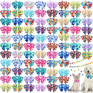 Maitys 80 Pcs Tie Dye Dog Collars Summer Neck Bows for Dogs Adjustable Bow Tie Grooming for Summer Holiday Pet Accessories