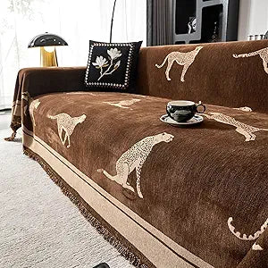 Leopard Print Chenille Sofa Cover Throw Blanket, Non-Slip Furniture Protector with Tassel Edges, Machine Washable, Pet & Kid Friendly for Living Room (Brown) (71"x165")