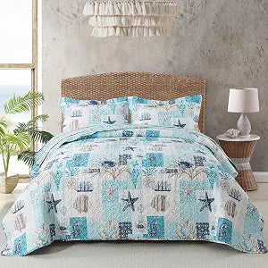 Travan King Size Beach Quilt, Ultra Soft & Fade Resistant Coastal Quilt Set with 2 Shams, Ocean Theme for All Season, Ancient Mark-02