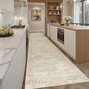 Soalmost Runner Rug 2'6" x 10' Washable Non-Slip Runner Rugs for Kitchen Bathroom Laundry Room Vintage Ultra Thin Runners for Hallway Entryway Beige