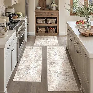 Kitchen Rug Set of 3 Washable Beige Grey Abstract Kitchen Mats for Floor Non-Slip Kitchen Runner Rug Soft Low Pile for Bathroom Laundry Hallway Sink Entryway