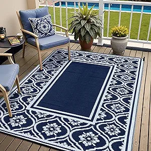 HUGEAR Plastic Outdoor Rug 6'x9' Waterproof Camping Carpet Outside Reversible Area Rug Blue Rugs for RV Deck Entryance Porch Picnic Balcony Beach