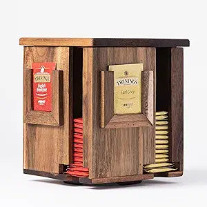 Rotating Tea Bag Organizer  Acacia Wood 4-Sided Storage Box for Home or Office