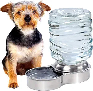 Dog Water Bowl Dispenser - Automatic Slow Refilling System Keeps Stainless Steel Drinking Dish Filled - Refillable 3 Liter Bottle, Non-Skid Feet - Clean, Safe, & Fresh Drink for Pet Dogs