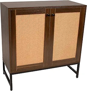 Sunnydaze 2-Door Rattan Storage Cabinet - Sideboard Buffet Cabinet with Adjustable Shelf and Rattan Doors - Oak Wood Look - Dark Brown