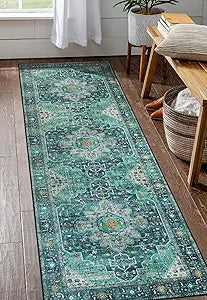 Moynesa Ultra-Thin Washable Teal Non Slip Bathroom Rug - 2x6 Laundry Room Mat, Machine Washable Non-Slip Pet Friendly Carpet Runner for Camper RV Foyer Kitchen Hallway