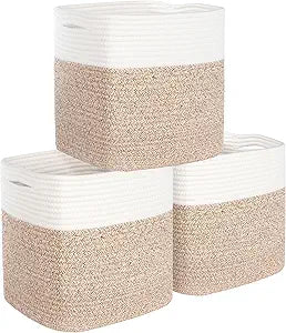MINTWOOD Design 3-Pack 11x11in Woven Cube Storage Bin and Shelf Baskets, Cute Decorative Square Organizer for Closet, Classroom, Bathroom, Dog and Cat Toys, and Books, Light Brown