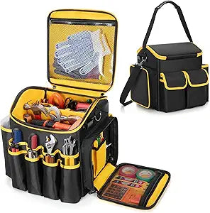 Marscamd Tool Bag with a Detachable Divider and Shoulder Strap, Heavy Duty Tool Tote with Multiple Pockets, Black