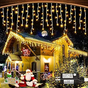 Warm White Christmas Lights Outdoor - 99ft 1216 LED 8 Modes Hanging Dripping Icicle String Lights with 228 Drops, Plug in Waterproof Timer Memory for House Home Holiday Yard Wedding Party Indoor