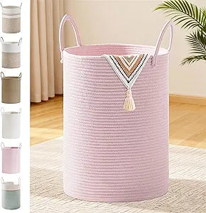 Girls' Tall Laundry Basket with Handles, 72L Portable Dirty Clothes Hamper, Boho Cotton Rope Storage Bin for Blankets Kids Toys Gifts, Decorative Organizer for Nursery Bedroom Bathroom, Pink