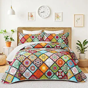 Tyrot 3 Piece Boho Colorful Quilt Set Full/Queen Size Bohemian Reversible Bedding Set Microfiber Lightweight Bedspread Coverlet with 2 Sham Patchwork Mandala Print Bed Covers for All Season, 90''x96''