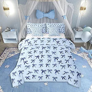 Erosebridal Blue Bow Queen Bedding Set 7 Pieces Teen Girl Coquette Bow Comforter Set with Sheets Modern Trendy Cute Bowknot Bed in A Bag for Preppy Princess Fashion Bowknot Quilt Duvet Bed Sets