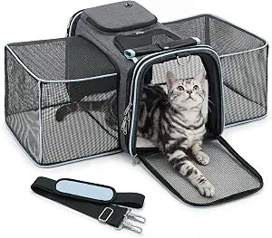 Expandable Cat Carrier for Cats and Small Dogs, Airline Approved Under-Seat with Double-Side Extension, Durable 600D Fabric Internal Frame, Ventilated with Safety Leash, Blue