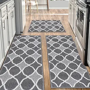 Kitchen Mats 3Piece Set  Soft Comfort, NonSkid Washable Runner Rugs for Kitchen, Bathroom & Entryway  Thick Floor Mats for Home Cooking, Standing Comfort (Grey)