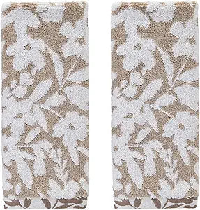 SKL Home Bedford Floral 100% Cotton Premium 2-Piece Hand Towel Set, 600 GSM, Soft & Absorbent, Reversible Jacquard, Decorative for Bath/Kitchen/Bar & Gift, Tan