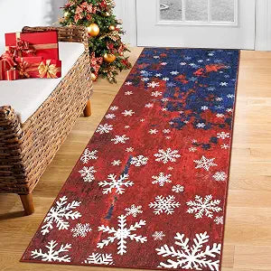 GlowSol Washable Christmas Rug 2x8 Runner Rug Hallway Rug Xmas Holiday Decor Carpet Snowflake Non Slip Kitchen Mat Indoor Accent Rug Decorative Throw Rug Dining Room Launtry Room Living Room,Red/Blue