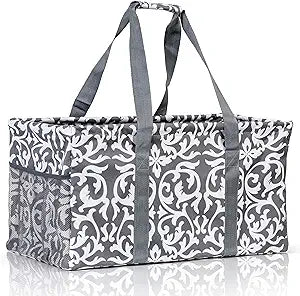 Extra Large Utility Tote Bag - Oversized Collapsible Reusable Wire Frame Rectangular Canvas Basket With Two Exterior Pockets For Beach, Pool, Laundry, Car Trunk, Storage - Damask Gray