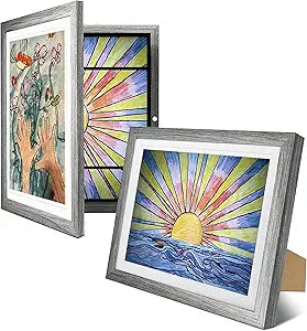 2-Pack Kids Artwork Frames Changeable 10x12.5 with Easel Stands, Hangers, Backboards, Shatterproof Plexiglass | 2 Mats Fit 9x12, 8.5x11, A4 Paper Sizes | Large and Easy-Access Kids Art Frame Display and Storage for up to 100 Sheets (Gray)