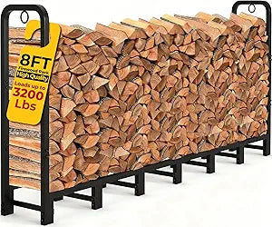Amagabeli 8ft Firewood Log Rack Outdoor Heavy Duty Logs Holder for Fireplace Indoor Outdoor Adjustable Wood Racks for Fire Wood Holder Metal Pile Stand Storage Stacker Organizer Black