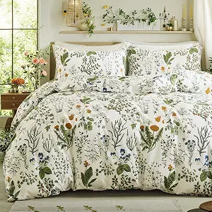 Green Comforter Set Queen, 100% Cotton Reversible Floral Pattern Comforter Set 3 Pcs Soft Cotton Lightweight Comforter All Season Soft & Breathable Green Bedding Set