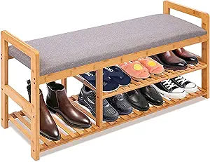 SereneLife 2 in 1 Bamboo Shoe Rack Bench with Storage and Cushion Seat, 3 Tier Small Organizer Wooden Furniture, for Entryway, Hallway, Living Room, Bathroom, Garage, Bedroom, Indoor and Outdoor Use
