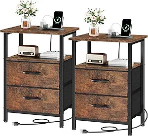 Vagusicc Nightstand Set of 2, Rustic Brown, with Charging Station and USB Ports, Bedside Table with 2 Fabric Drawers, 24.2" Tall Side Table with Storage Shelf,Small Night Stand for Bedroom/Living Room