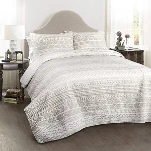 Lush Decor Hygge Geo Pattern Striped 3 Piece Quilt Bedding Set, Full/Queen, Taupe & White