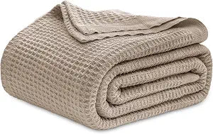 Bedsure 100% Cotton Taupe Blanket Queen Size for Bed - Cooling Breathable and Soft for Summer, Thick Cozy Waffle Weave Blanket Gifts for Women, 90x90 Inches