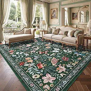 Dark Green Area Rugs 5x7 for Living Room Low-Pile Non Slip Washable Insect Bug Butterfly Funky Soft Indoor Carpet with Rubber Backing for Bedroom Nursery Dining Room Office Kitchen Bathroom