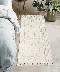 Uphome Boho Bathroom Runner Rug 2' x 4.3', Washable Woven Cotton Bedroom Rug Runners, Beige Aesthetic Tufted Entryway Runner Rugs, Bohemian Tribal Throw Rugs for Bedside Living Room Laundry Kitchen