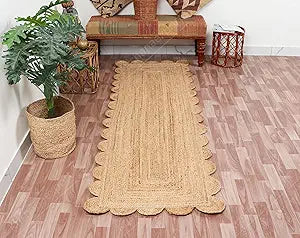 Hand Woven Natural Jute Scalloped Rug, Reversible Boho Entry Area Rugs for Kitchen, Living Room, Farmhouse Indoor Outdoor Decorative Floor-Rug, Bohemian Style Size 2x5 Ft