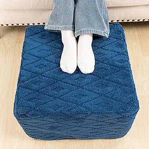 Fluffy Square Ottoman Pouf with All-in-One Foam Filling 20 x 14 Inches Furry Ottoman Foot Rest Foot Stool for Living Room or Bedroom (Navy)